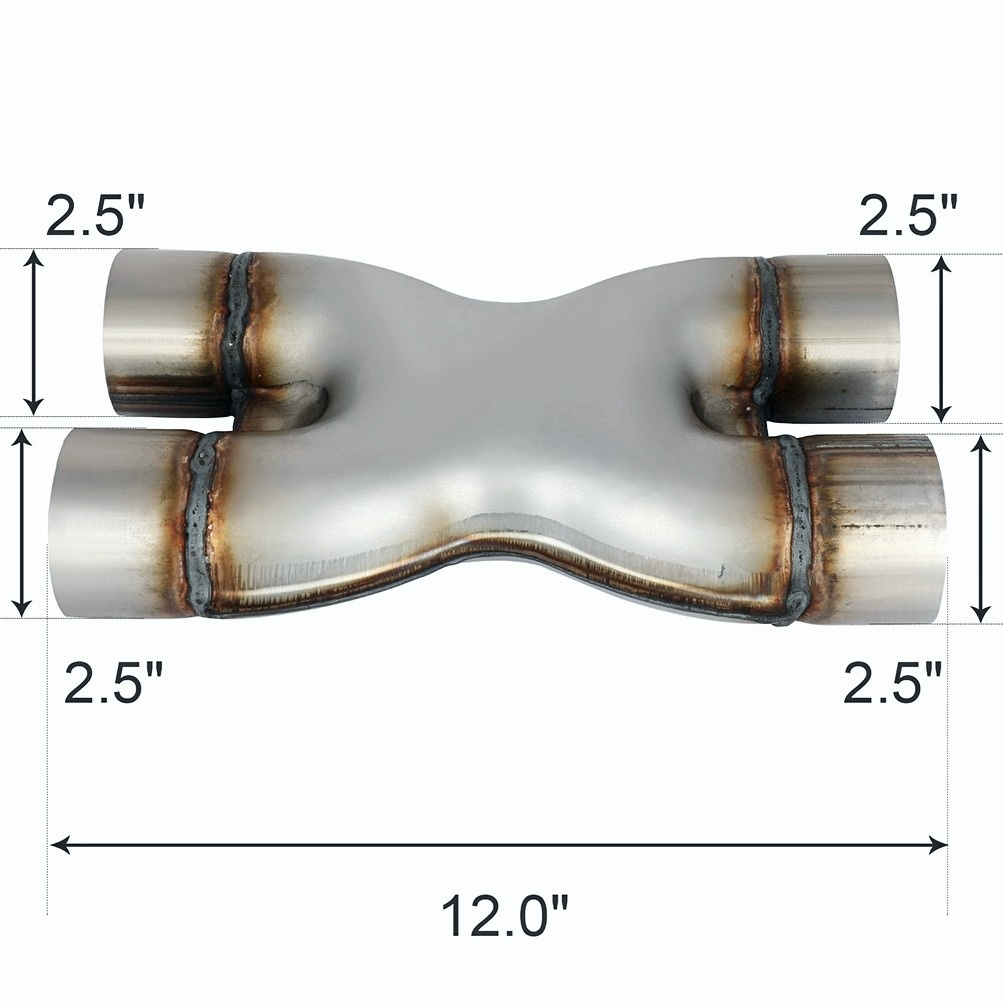 2.5" Dual In / Out Adapter X Exhaust Pipe Tip 12 Inch Long 409 Stainless Steel